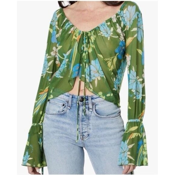 Free People Green Floral Mesh Sheer Piece of Paradise Bell Sleeves Blouse Top S - Picture 1 of 10